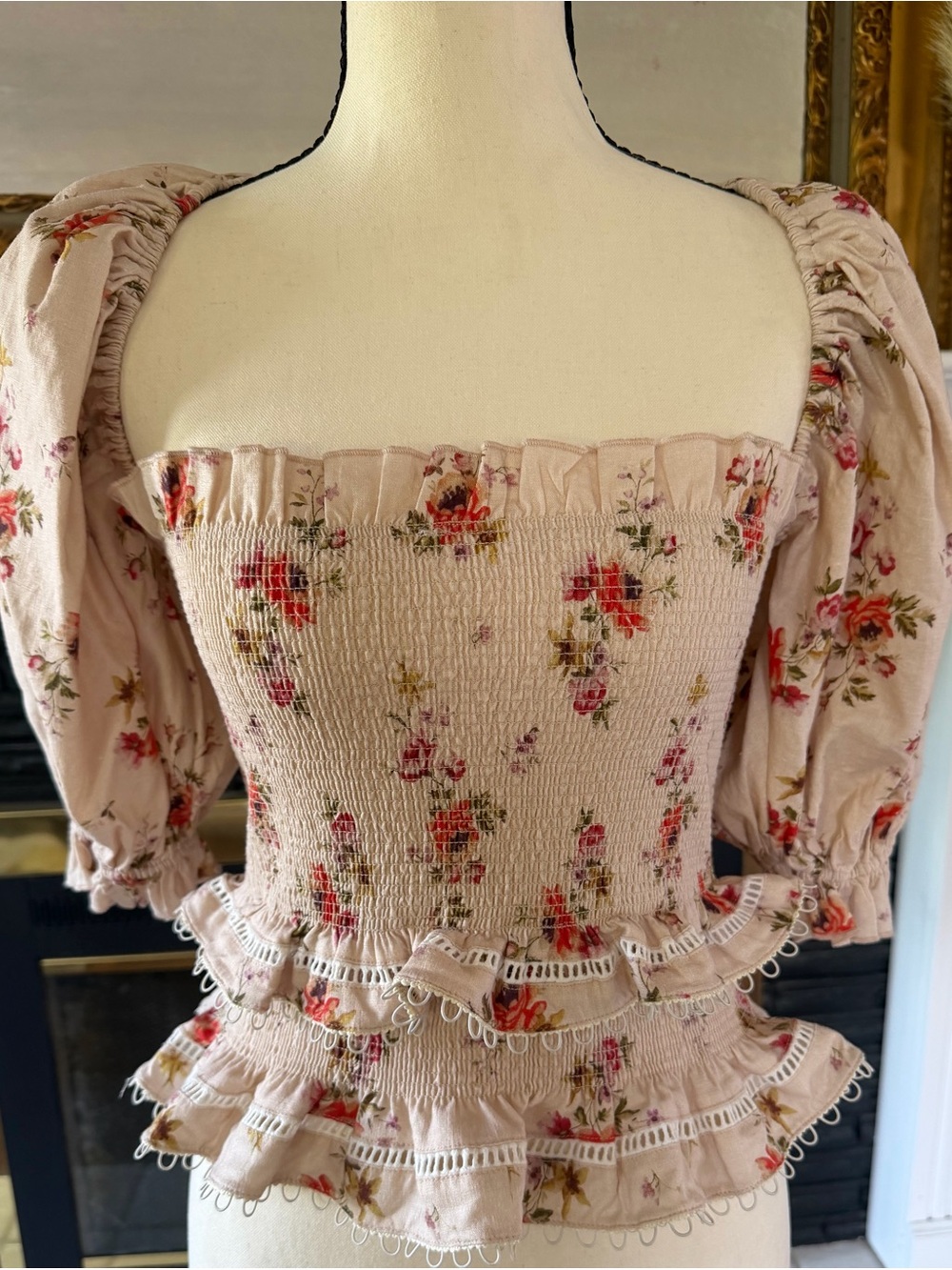 V. Chapman Blush Pink Floral Smocked Peplum Puff-Sleeve Top